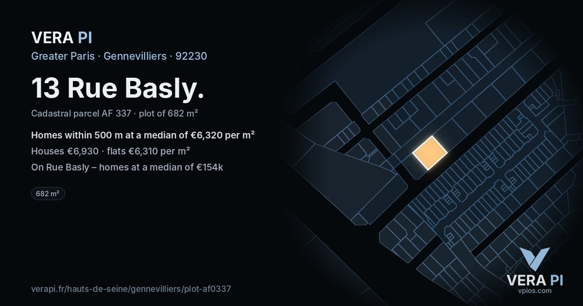 13 Rue Basly, Gennevilliers at night – the plot lit, the parcels around coloured by the prices near them