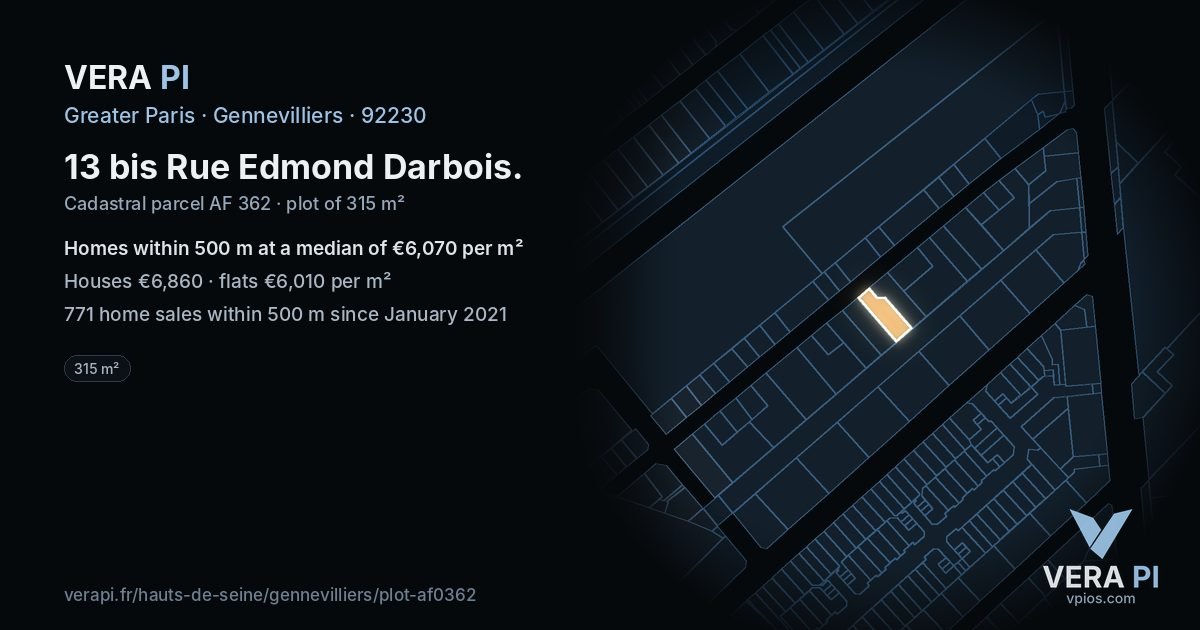 13 bis Rue Edmond Darbois, Gennevilliers at night – the plot lit, the parcels around coloured by the prices near them