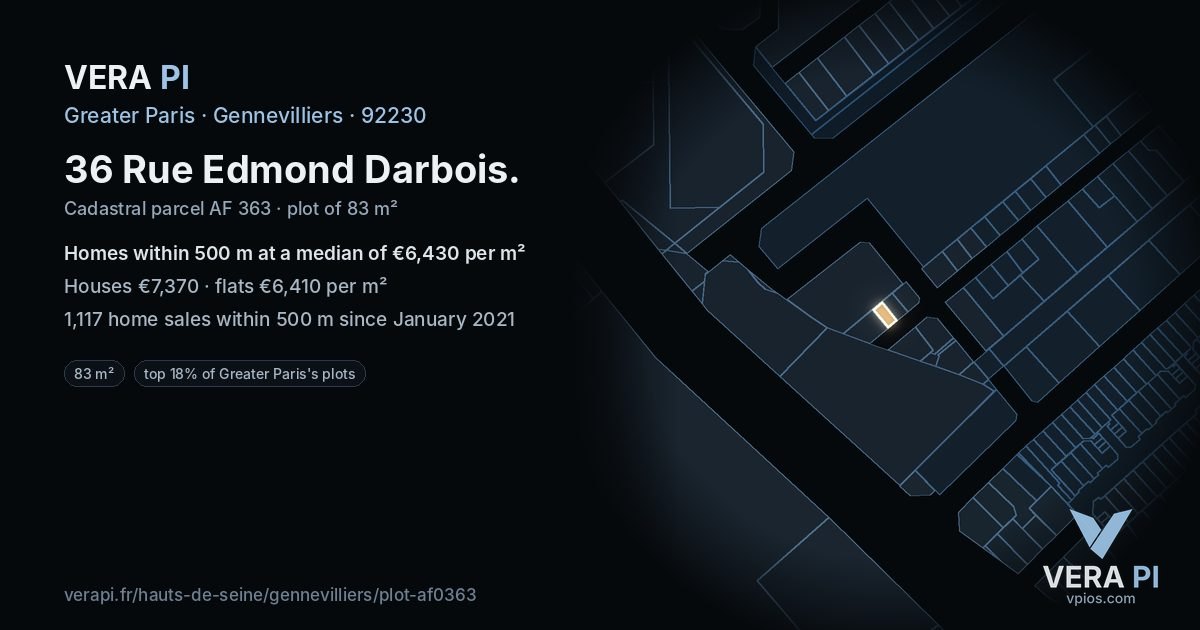 36 Rue Edmond Darbois, Gennevilliers at night – the plot lit, the parcels around coloured by the prices near them