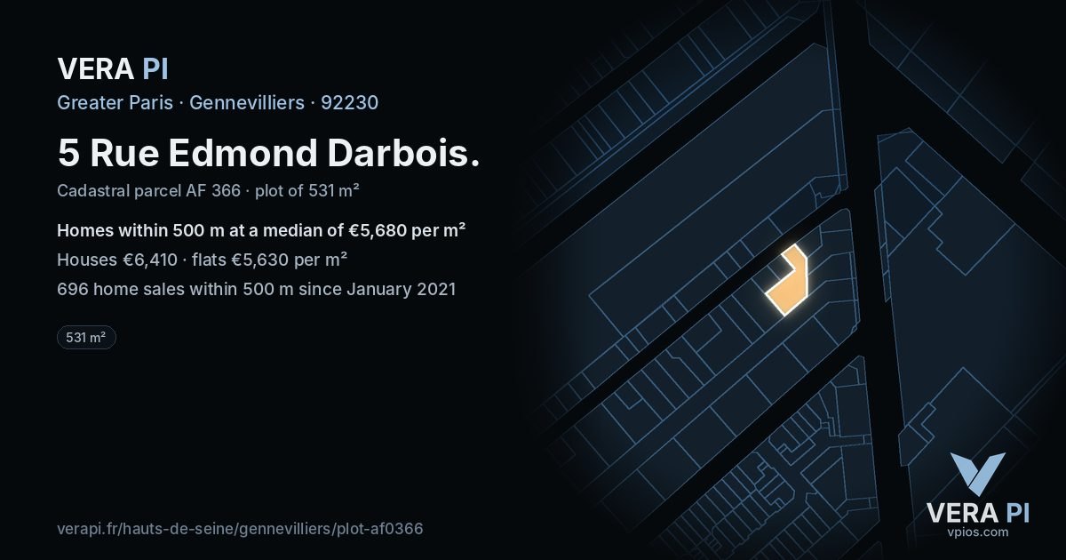 5 Rue Edmond Darbois, Gennevilliers at night – the plot lit, the parcels around coloured by the prices near them
