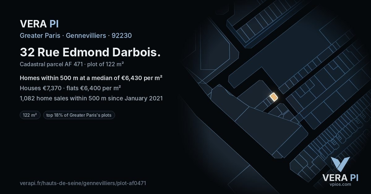 32 Rue Edmond Darbois, Gennevilliers at night – the plot lit, the parcels around coloured by the prices near them