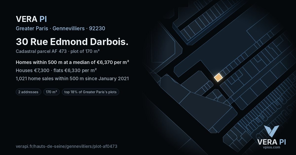30 Rue Edmond Darbois, Gennevilliers at night – the plot lit, the parcels around coloured by the prices near them
