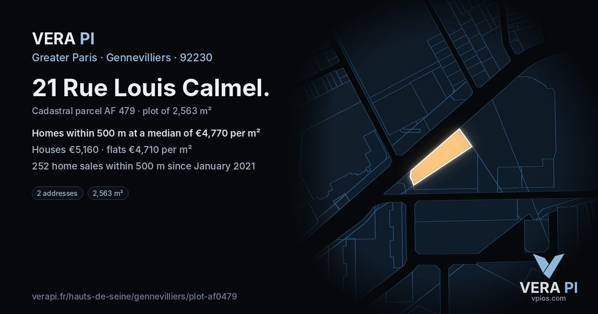 21 Rue Louis Calmel, Gennevilliers at night – the plot lit, the parcels around coloured by the prices near them