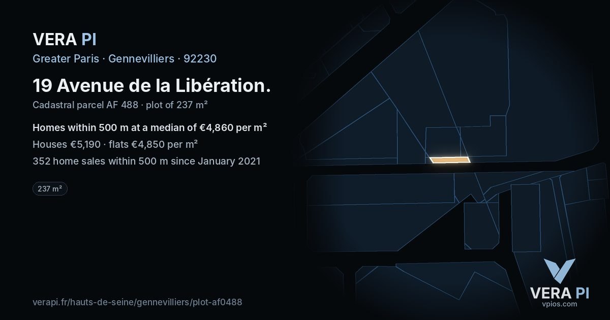19 Avenue de la Libération, Gennevilliers at night – the plot lit, the parcels around coloured by the prices near them