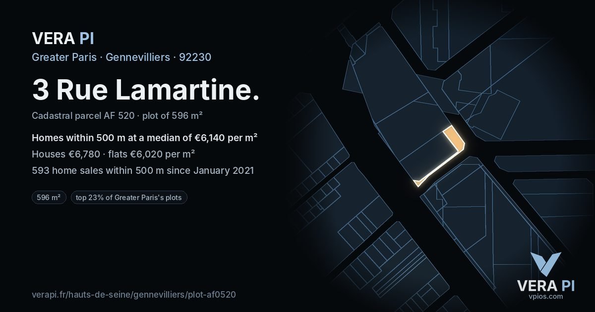 3 Rue Lamartine, Gennevilliers at night – the plot lit, the parcels around coloured by the prices near them