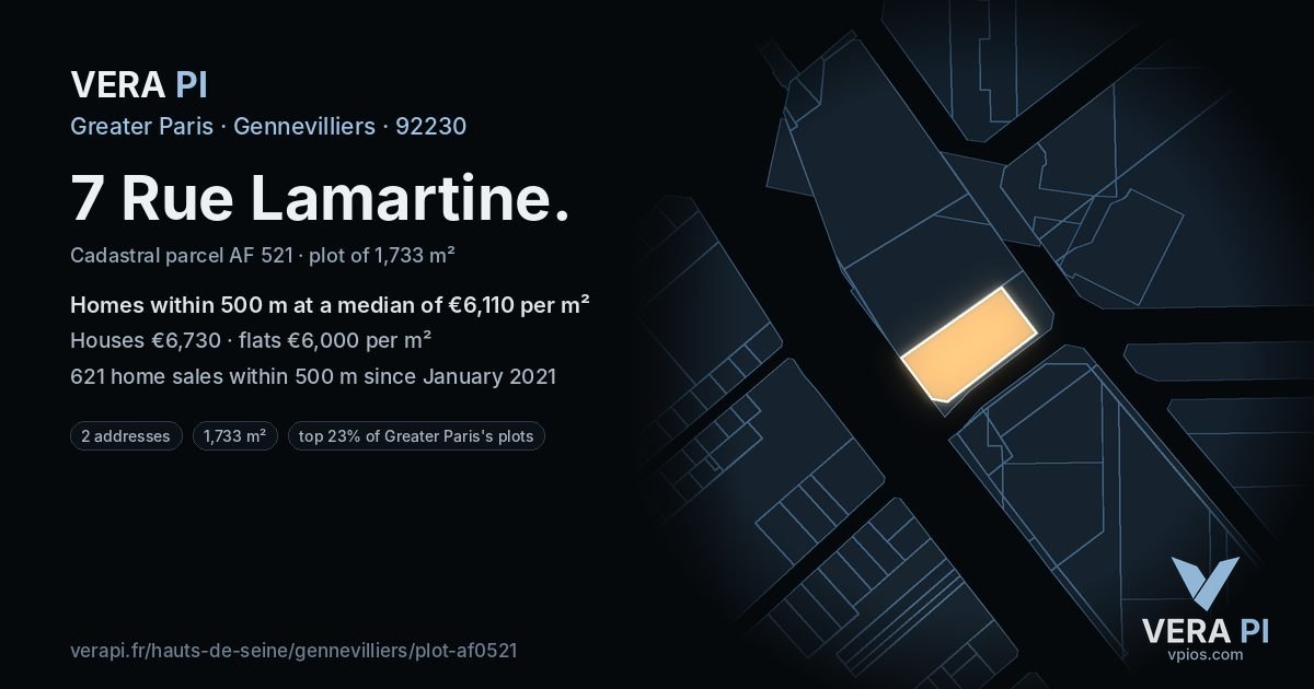 7 Rue Lamartine, Gennevilliers at night – the plot lit, the parcels around coloured by the prices near them