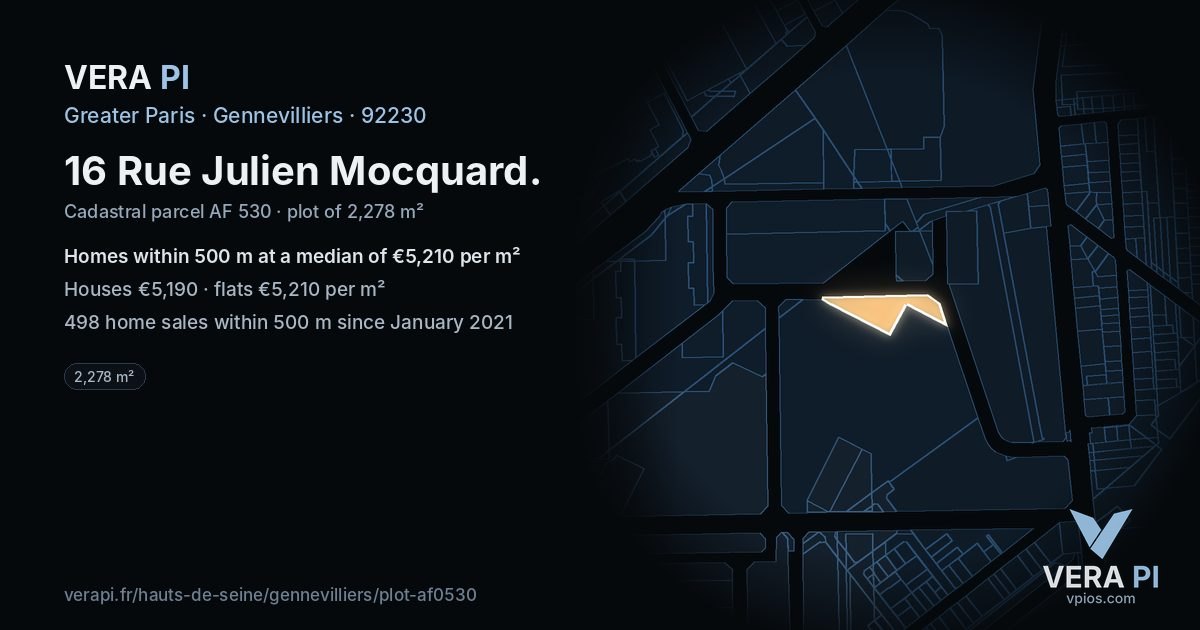 16 Rue Julien Mocquard, Gennevilliers at night – the plot lit, the parcels around coloured by the prices near them