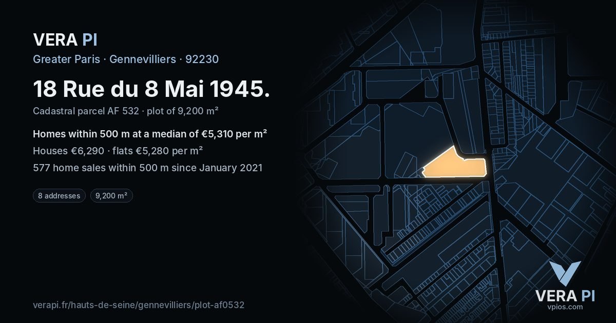 18 Rue du 8 Mai 1945, Gennevilliers at night – the plot lit, the parcels around coloured by the prices near them