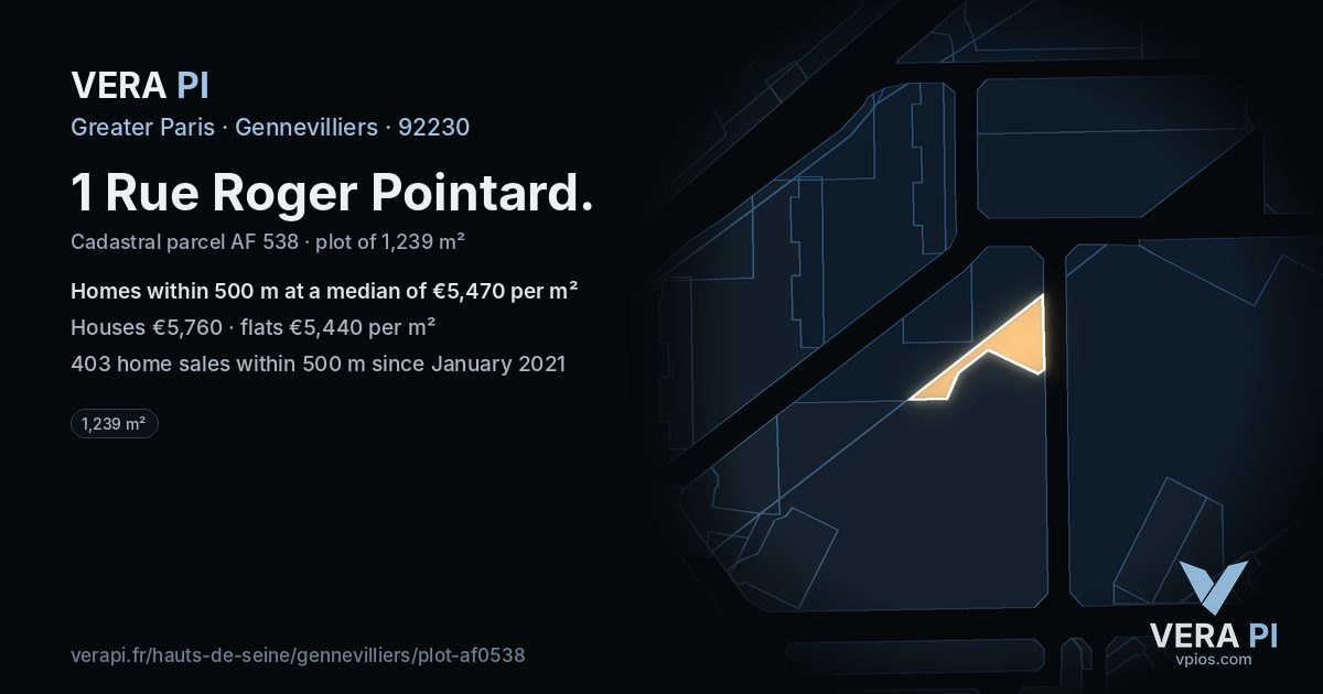 1 Rue Roger Pointard, Gennevilliers at night – the plot lit, the parcels around coloured by the prices near them