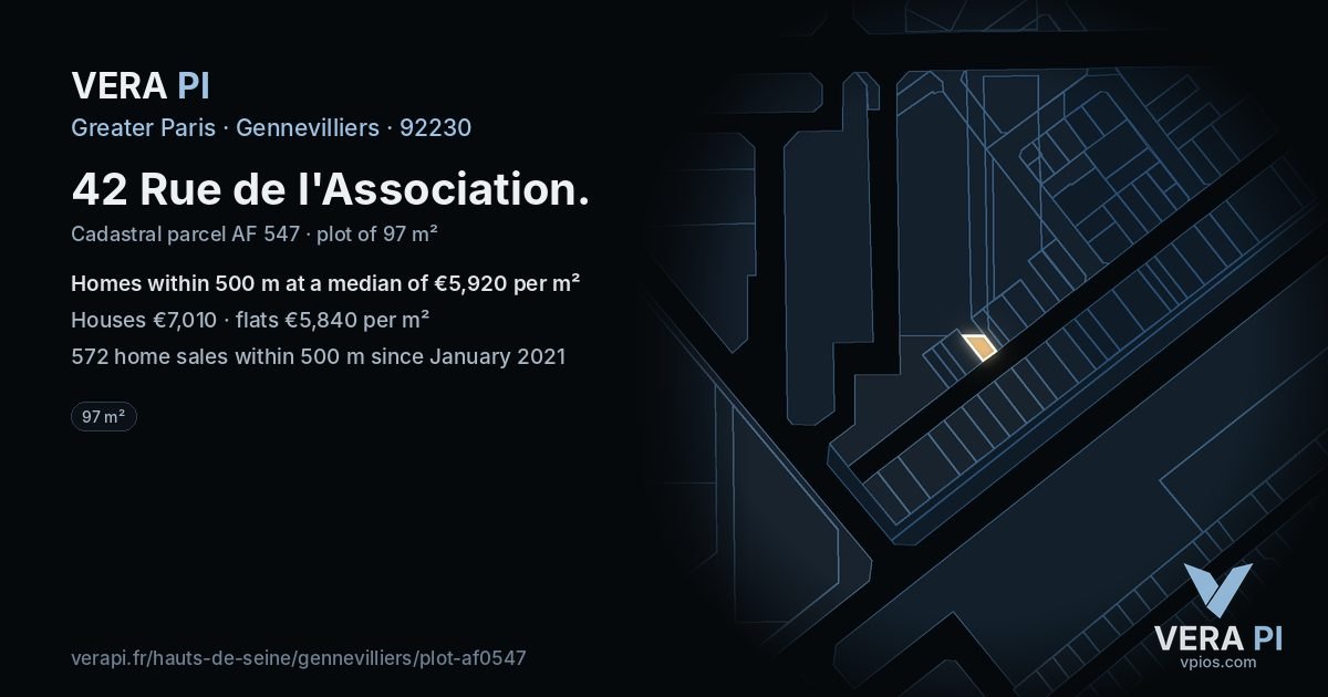 42 Rue de l'Association, Gennevilliers at night – the plot lit, the parcels around coloured by the prices near them