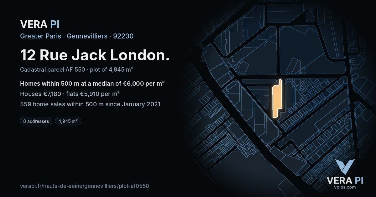 12 Rue Jack London, Gennevilliers at night – the plot lit, the parcels around coloured by the prices near them