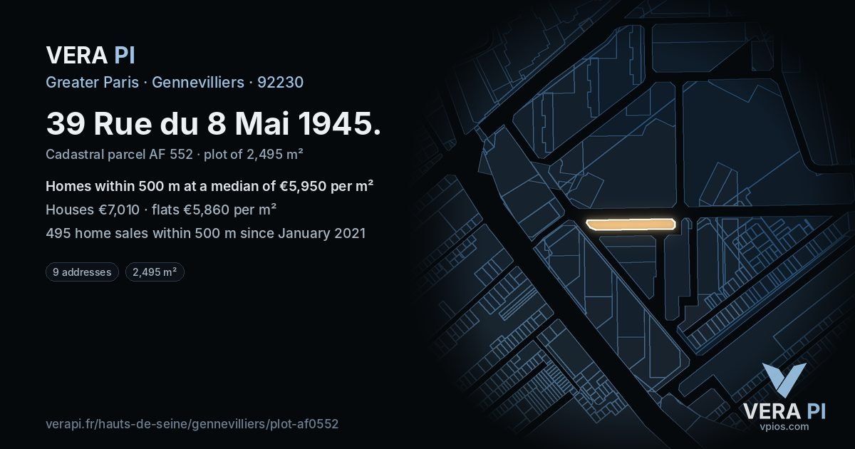 39 Rue du 8 Mai 1945, Gennevilliers at night – the plot lit, the parcels around coloured by the prices near them
