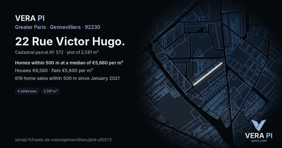 22 Rue Victor Hugo, Gennevilliers at night – the plot lit, the parcels around coloured by the prices near them