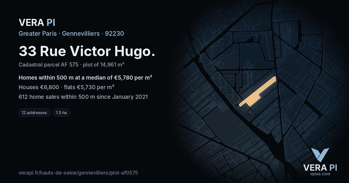 33 Rue Victor Hugo, Gennevilliers at night – the plot lit, the parcels around coloured by the prices near them