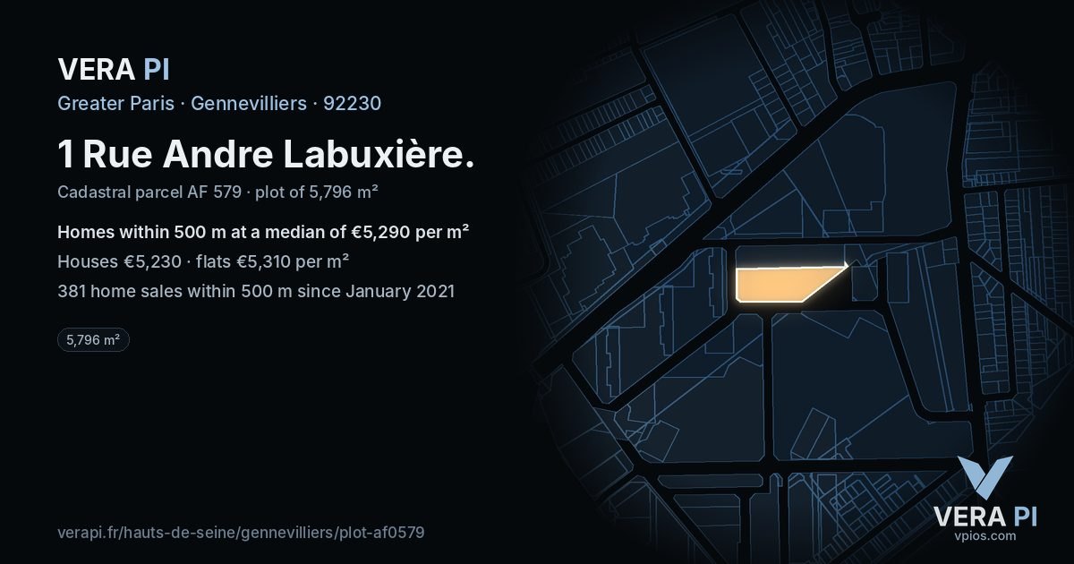 1 Rue Andre Labuxière, Gennevilliers at night – the plot lit, the parcels around coloured by the prices near them