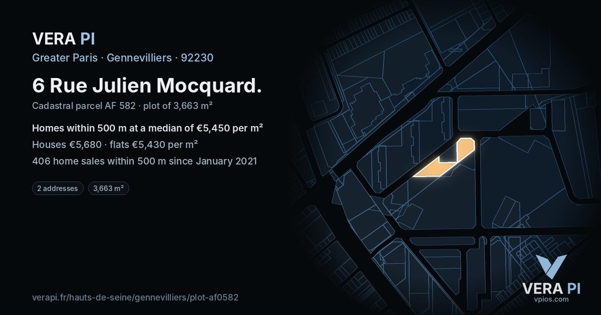 6 Rue Julien Mocquard, Gennevilliers at night – the plot lit, the parcels around coloured by the prices near them