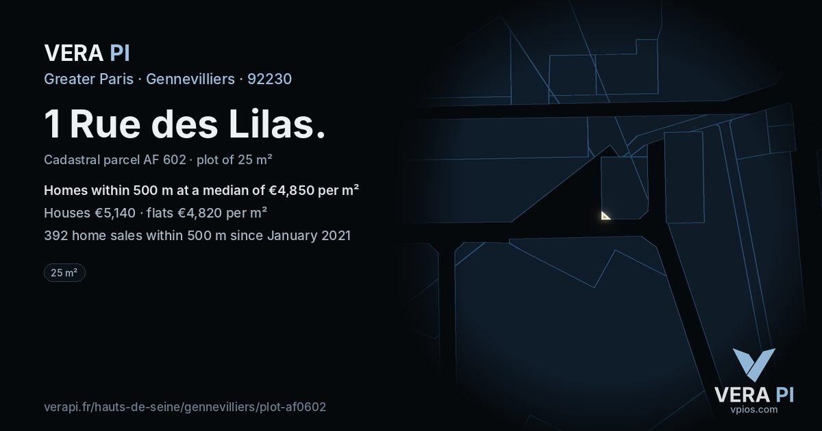 1 Rue des Lilas, Gennevilliers at night – the plot lit, the parcels around coloured by the prices near them