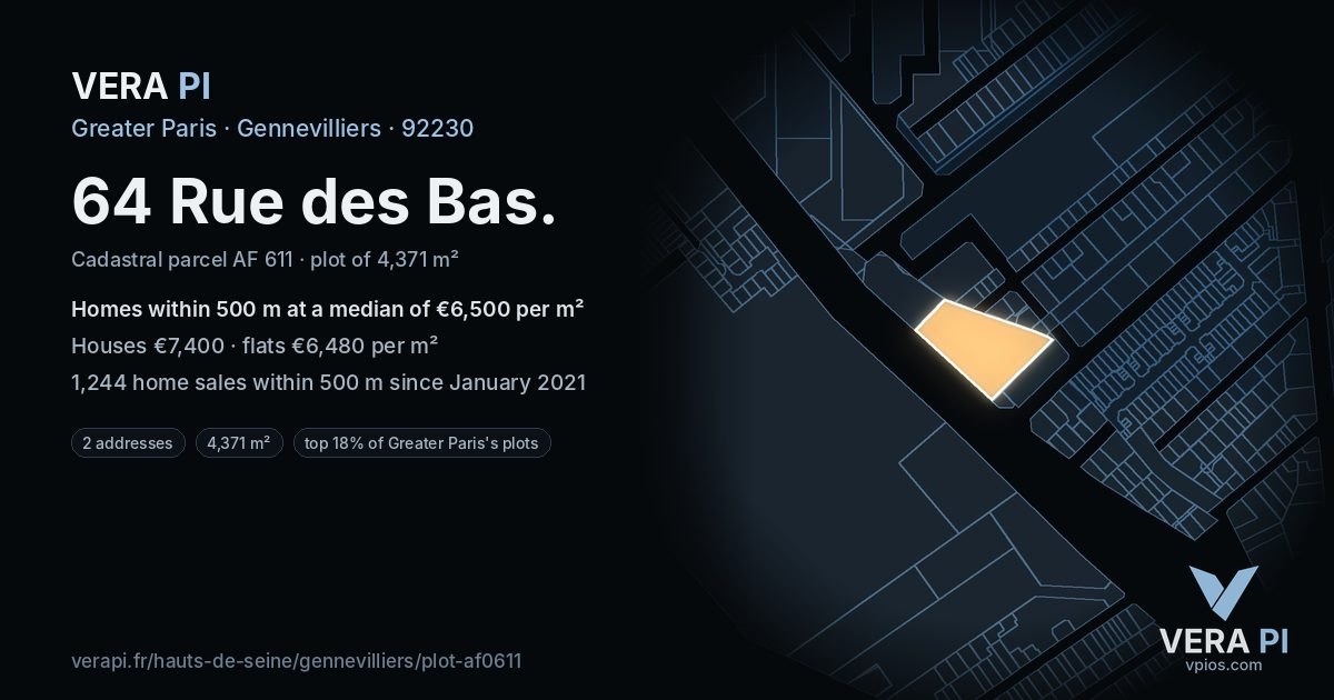 64 Rue des Bas, Gennevilliers at night – the plot lit, the parcels around coloured by the prices near them