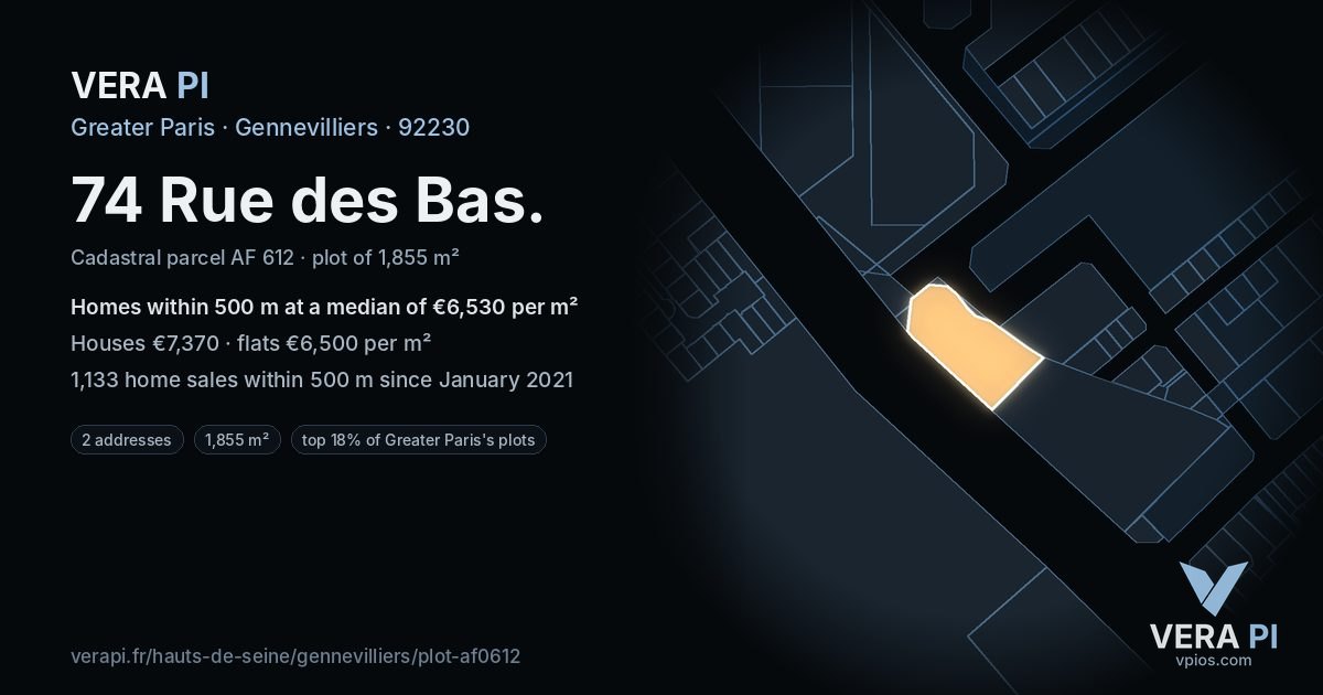 74 Rue des Bas, Gennevilliers at night – the plot lit, the parcels around coloured by the prices near them
