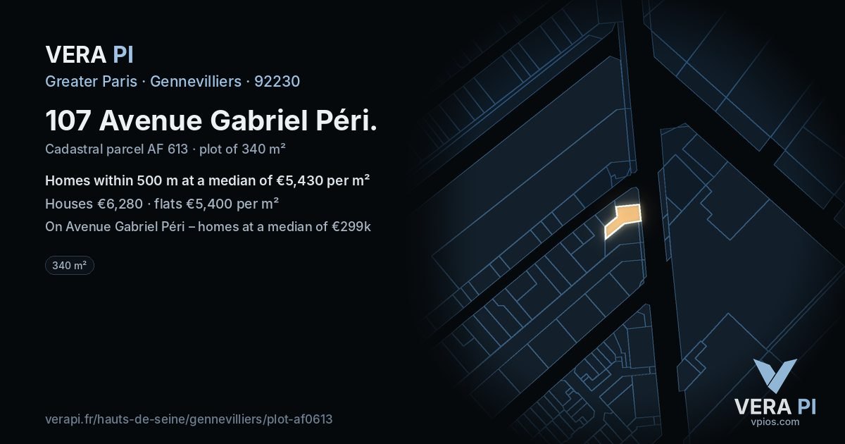 107 Avenue Gabriel Péri, Gennevilliers at night – the plot lit, the parcels around coloured by the prices near them