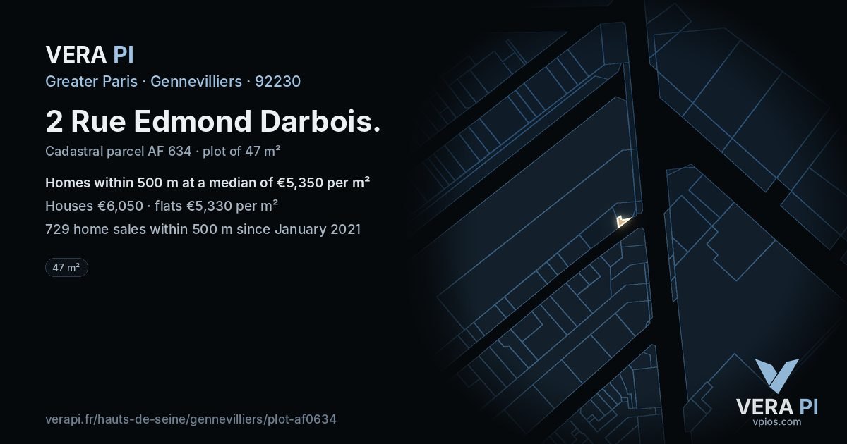 2 Rue Edmond Darbois, Gennevilliers at night – the plot lit, the parcels around coloured by the prices near them