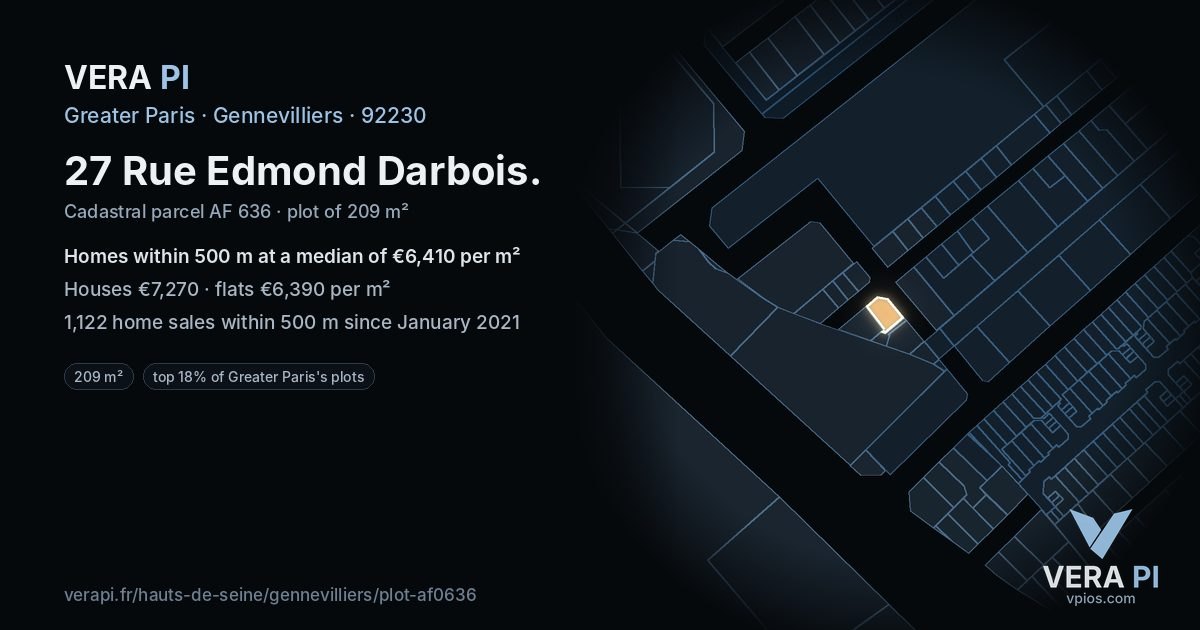 27 Rue Edmond Darbois, Gennevilliers at night – the plot lit, the parcels around coloured by the prices near them