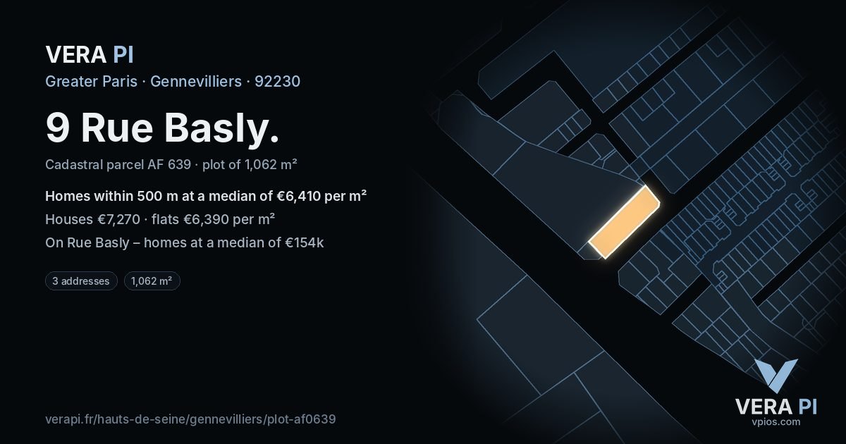 9 Rue Basly, Gennevilliers at night – the plot lit, the parcels around coloured by the prices near them
