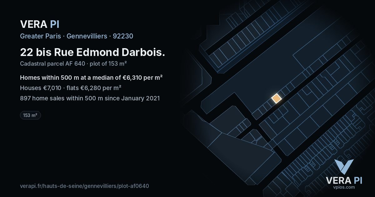 22 bis Rue Edmond Darbois, Gennevilliers at night – the plot lit, the parcels around coloured by the prices near them