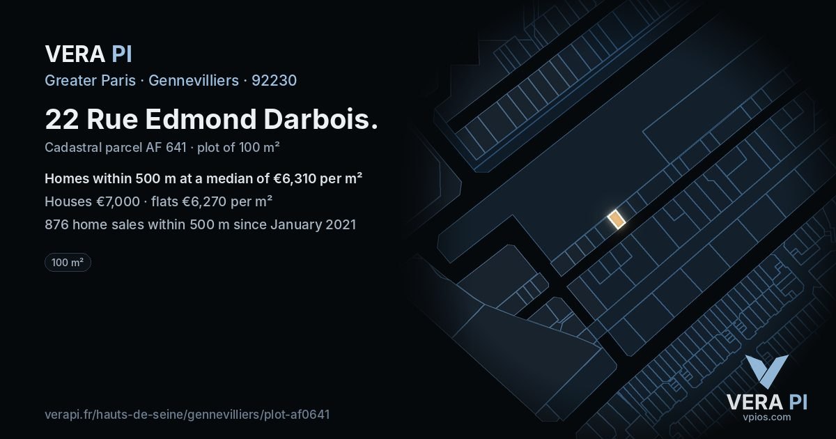 22 Rue Edmond Darbois, Gennevilliers at night – the plot lit, the parcels around coloured by the prices near them
