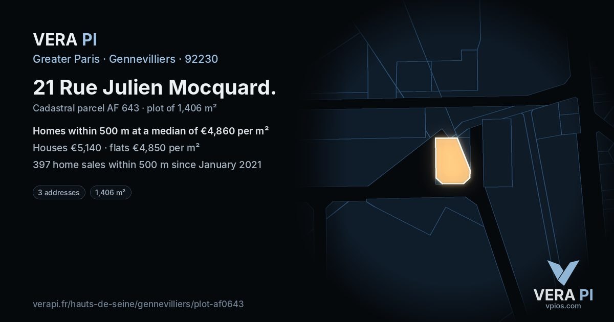 21 Rue Julien Mocquard, Gennevilliers at night – the plot lit, the parcels around coloured by the prices near them
