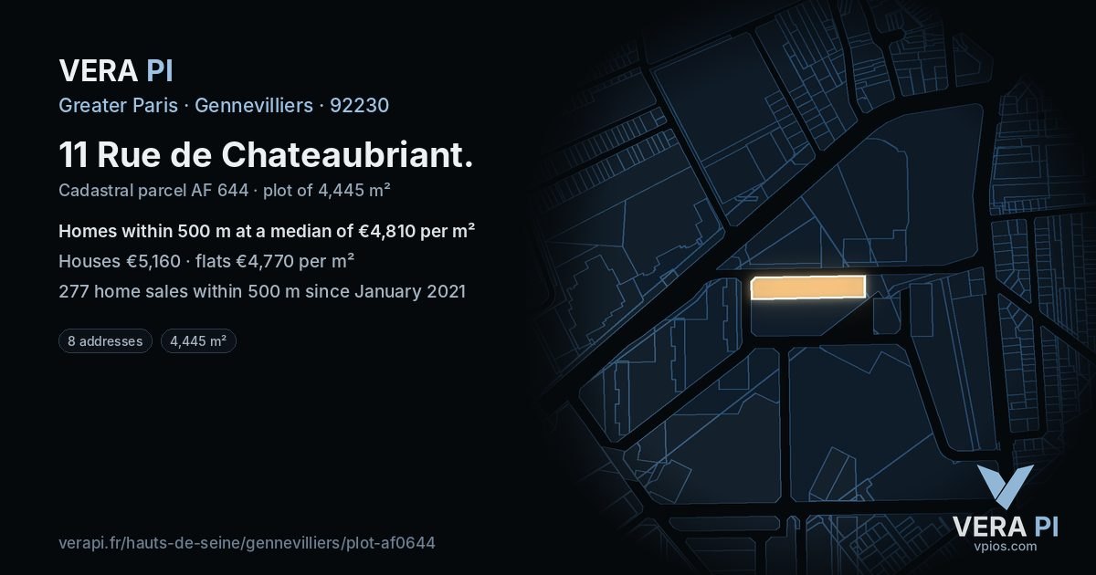 11 Rue de Chateaubriant, Gennevilliers at night – the plot lit, the parcels around coloured by the prices near them