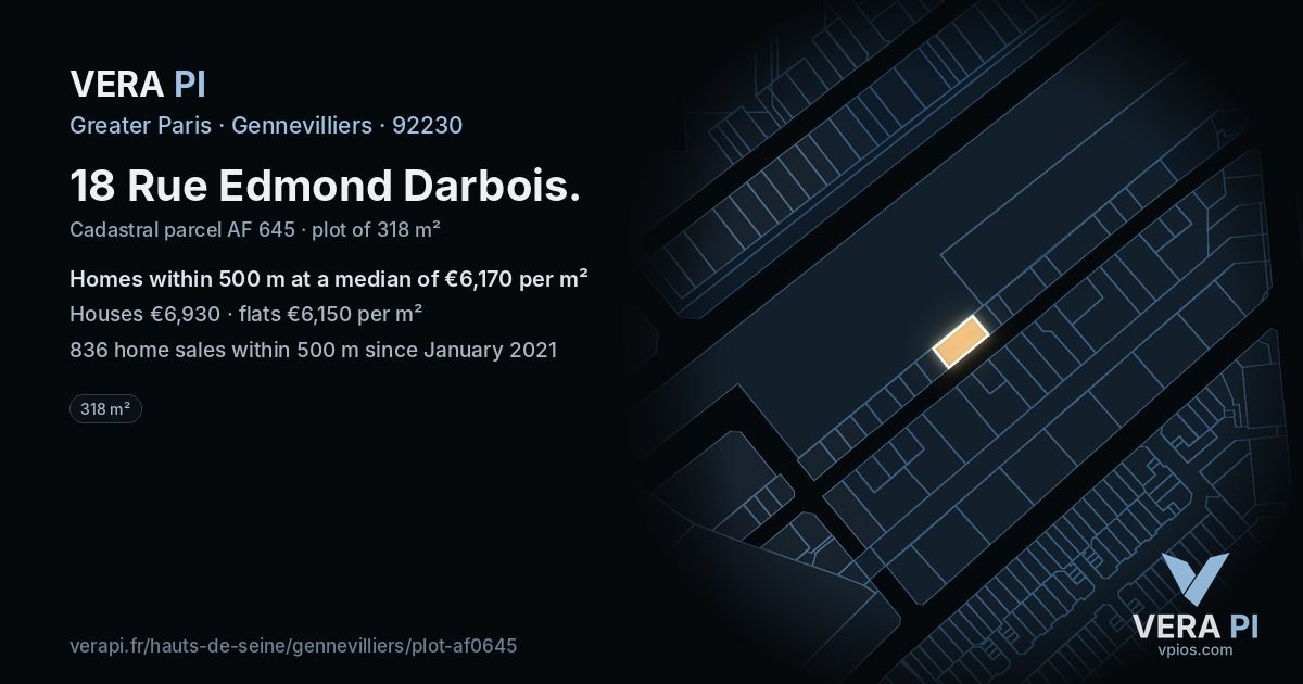 18 Rue Edmond Darbois, Gennevilliers at night – the plot lit, the parcels around coloured by the prices near them