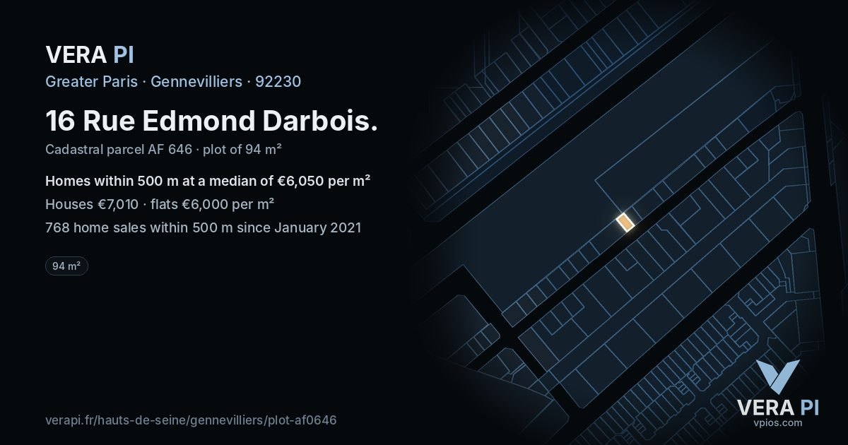 16 Rue Edmond Darbois, Gennevilliers at night – the plot lit, the parcels around coloured by the prices near them