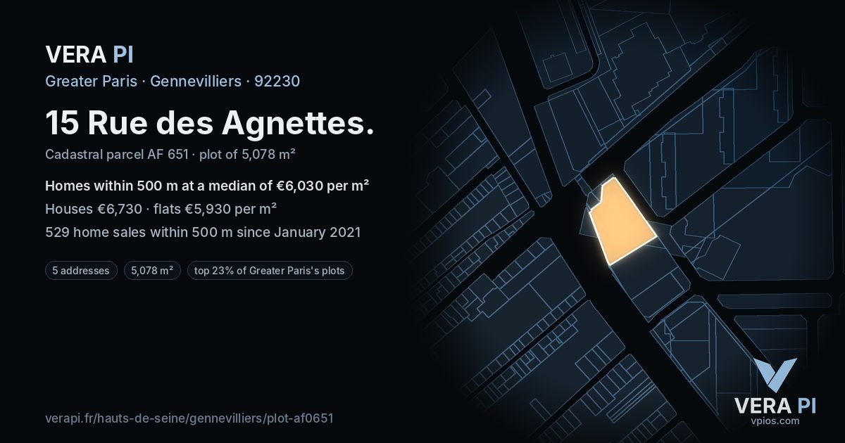 15 Rue des Agnettes, Gennevilliers at night – the plot lit, the parcels around coloured by the prices near them