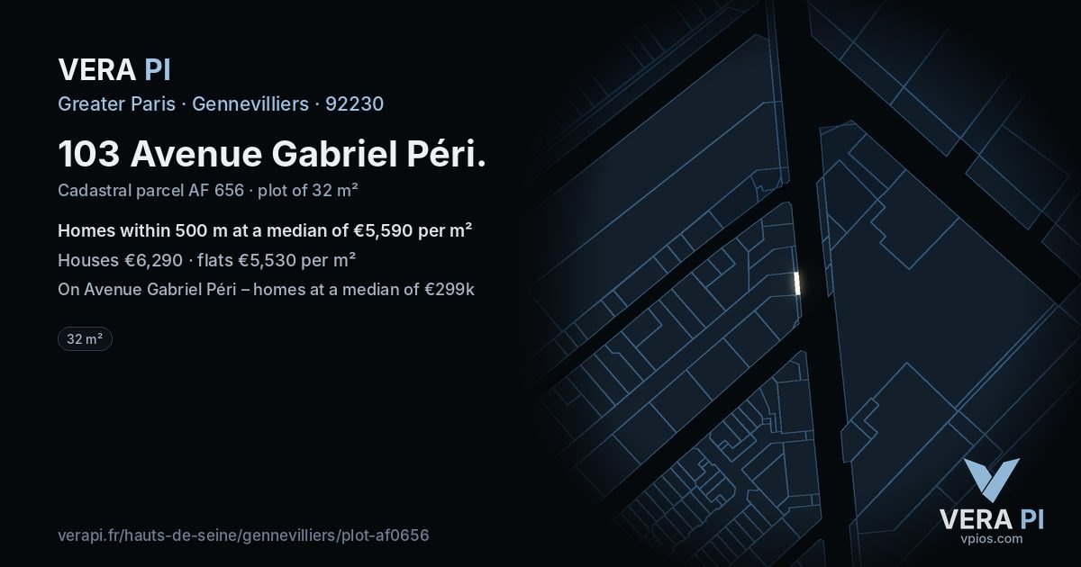 103 Avenue Gabriel Péri, Gennevilliers at night – the plot lit, the parcels around coloured by the prices near them