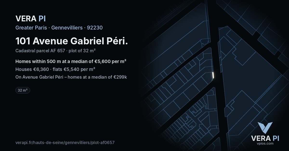 101 Avenue Gabriel Péri, Gennevilliers at night – the plot lit, the parcels around coloured by the prices near them