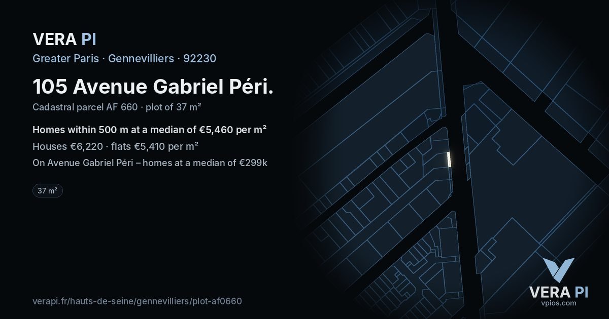 105 Avenue Gabriel Péri, Gennevilliers at night – the plot lit, the parcels around coloured by the prices near them