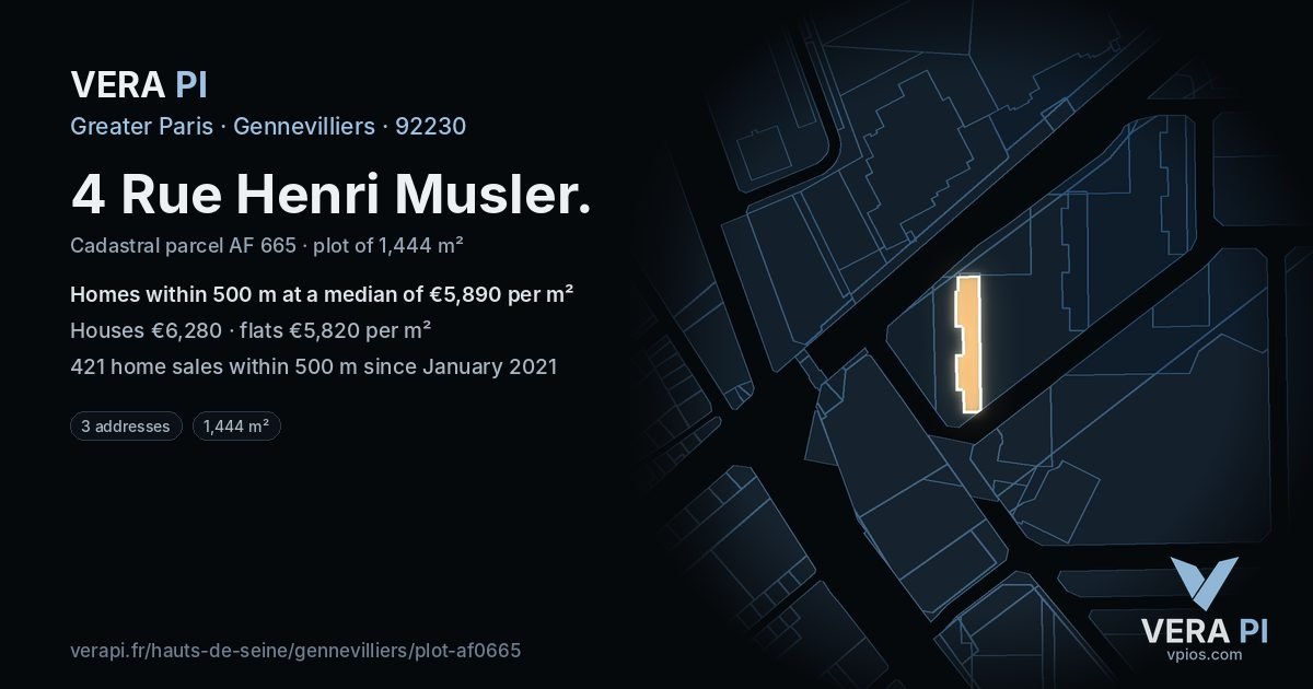 4 Rue Henri Musler, Gennevilliers at night – the plot lit, the parcels around coloured by the prices near them