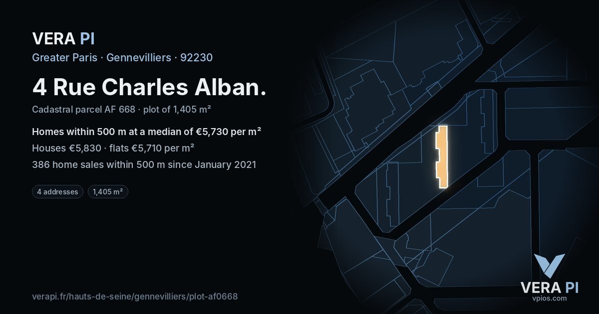4 Rue Charles Alban, Gennevilliers at night – the plot lit, the parcels around coloured by the prices near them