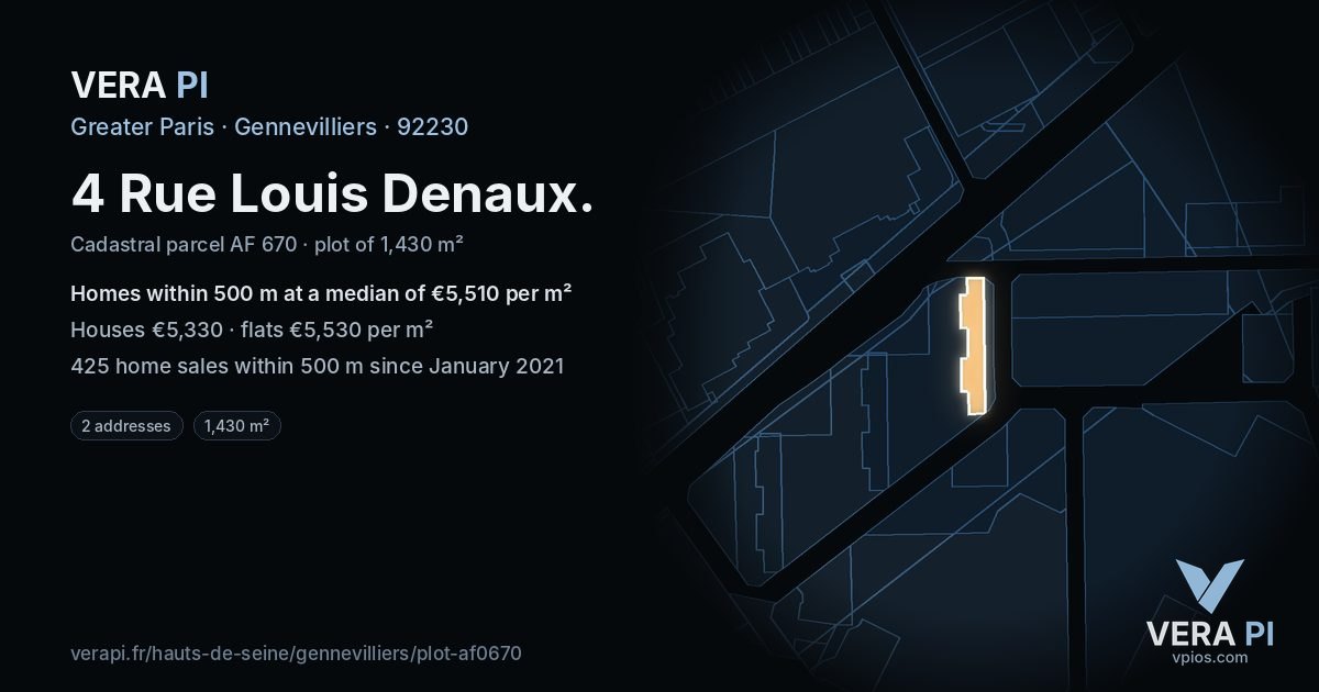 4 Rue Louis Denaux, Gennevilliers at night – the plot lit, the parcels around coloured by the prices near them