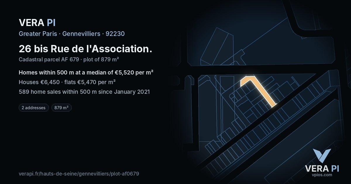 26 bis Rue de l'Association, Gennevilliers at night – the plot lit, the parcels around coloured by the prices near them