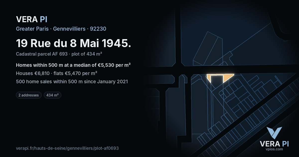 19 Rue du 8 Mai 1945, Gennevilliers at night – the plot lit, the parcels around coloured by the prices near them