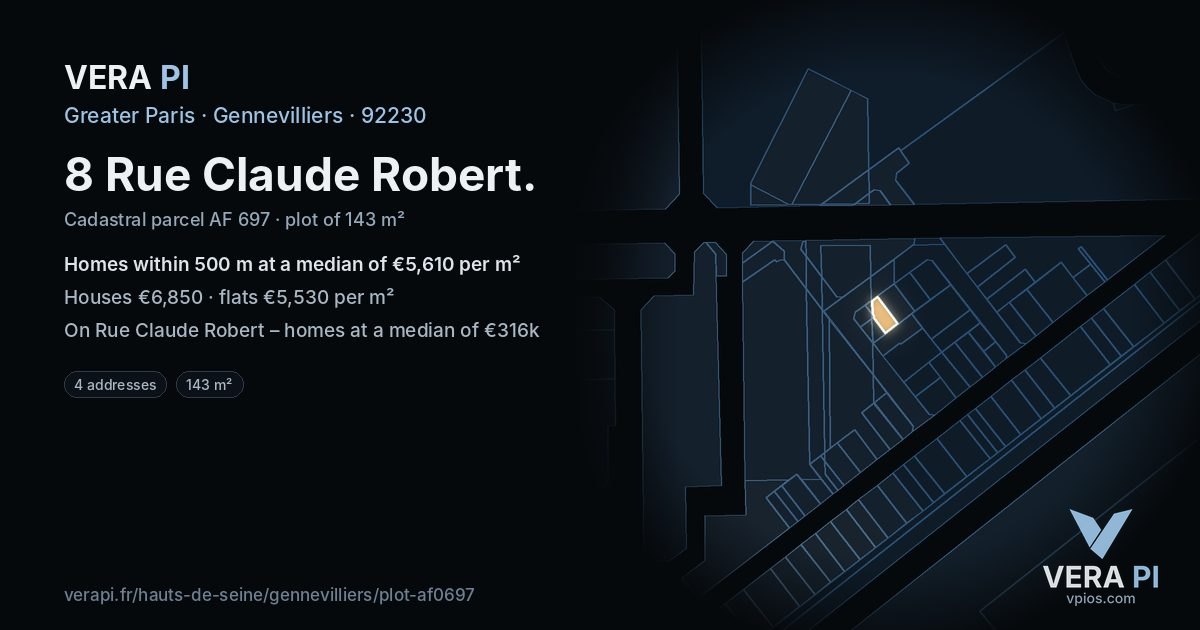 8 Rue Claude Robert, Gennevilliers at night – the plot lit, the parcels around coloured by the prices near them