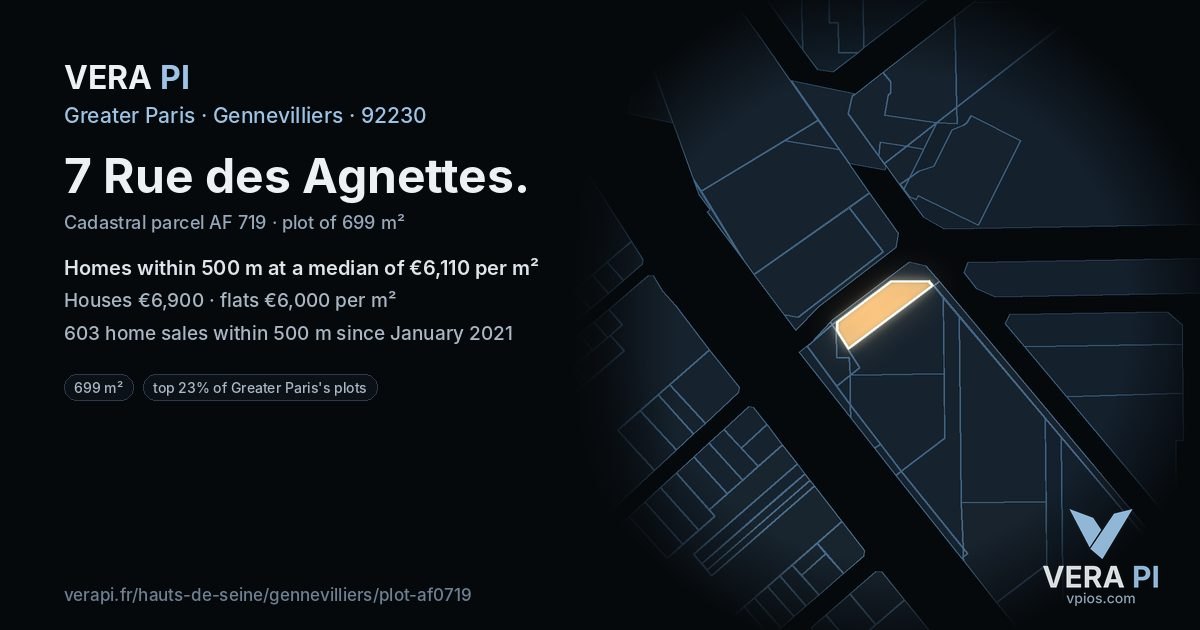 7 Rue des Agnettes, Gennevilliers at night – the plot lit, the parcels around coloured by the prices near them