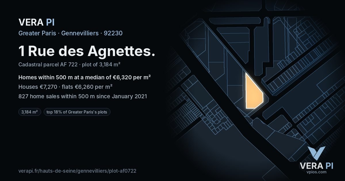 1 Rue des Agnettes, Gennevilliers at night – the plot lit, the parcels around coloured by the prices near them