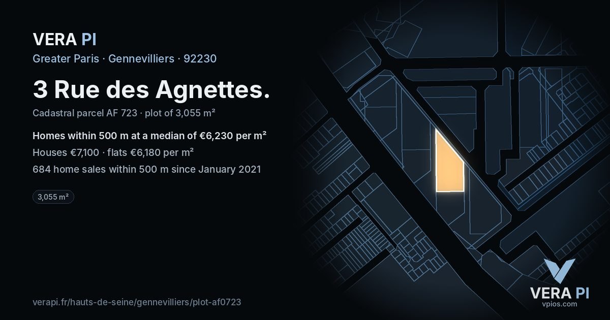 3 Rue des Agnettes, Gennevilliers at night – the plot lit, the parcels around coloured by the prices near them