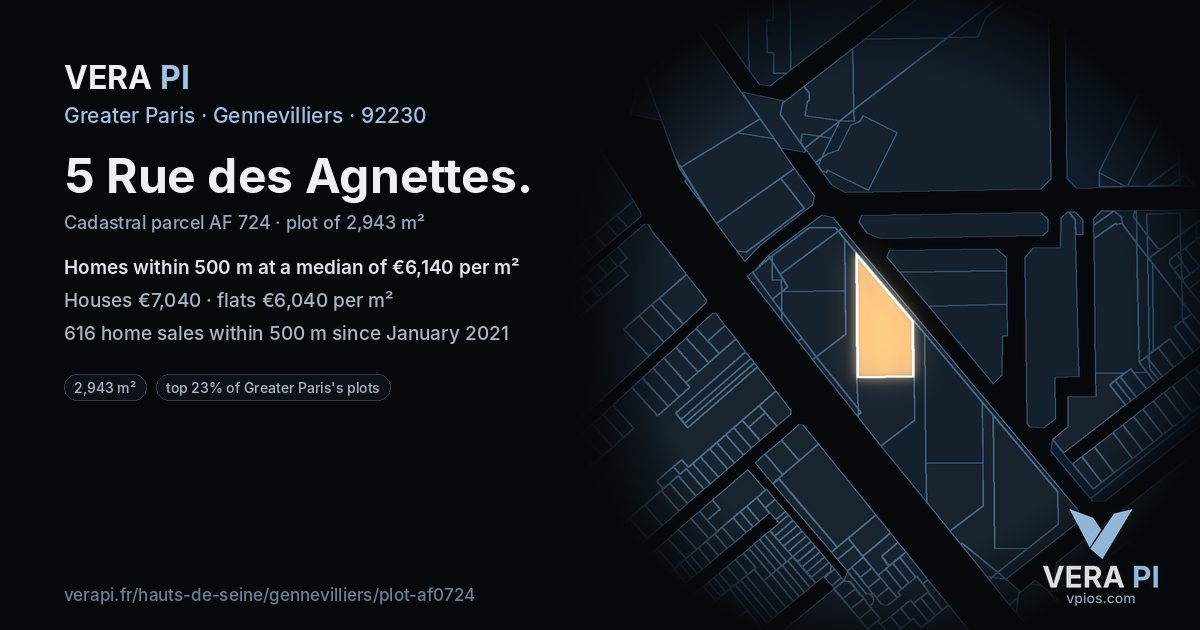 5 Rue des Agnettes, Gennevilliers at night – the plot lit, the parcels around coloured by the prices near them