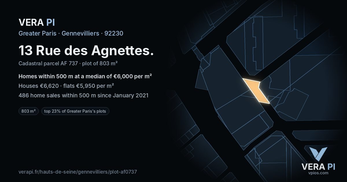 13 Rue des Agnettes, Gennevilliers at night – the plot lit, the parcels around coloured by the prices near them