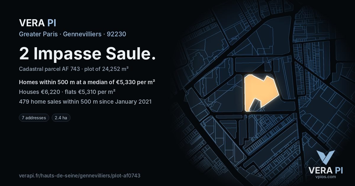2 Impasse Saule, Gennevilliers at night – the plot lit, the parcels around coloured by the prices near them