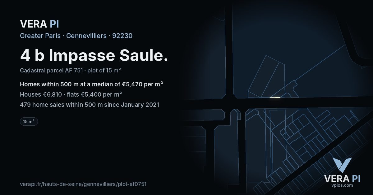 4 b Impasse Saule, Gennevilliers at night – the plot lit, the parcels around coloured by the prices near them